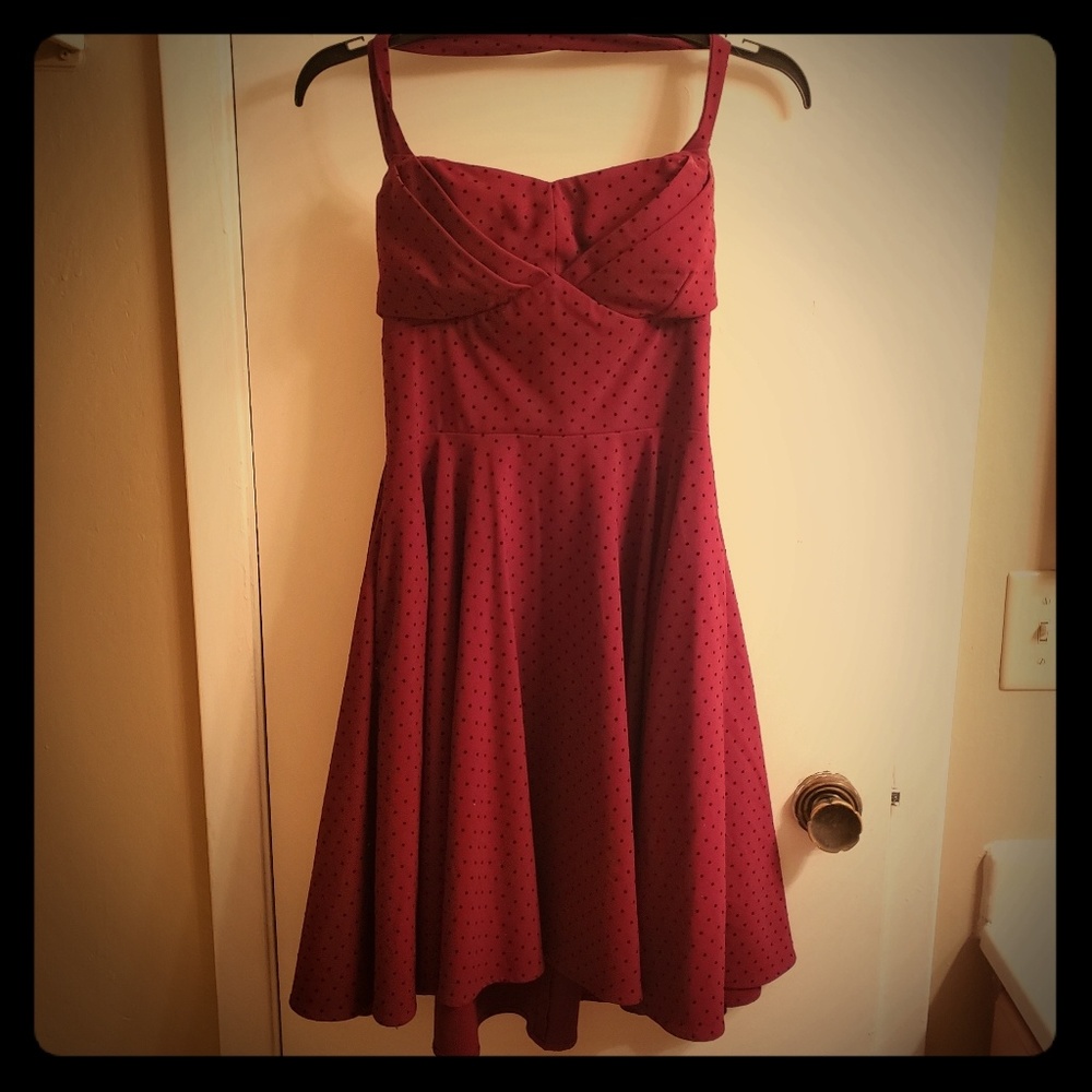 Ixia Elegant Burgandy & Black Dot Halter Dress